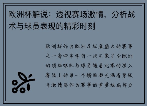 欧洲杯解说：透视赛场激情，分析战术与球员表现的精彩时刻
