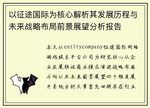 以征途国际为核心解析其发展历程与未来战略布局前景展望分析报告