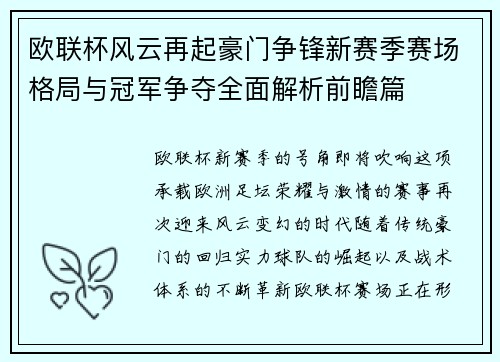 欧联杯风云再起豪门争锋新赛季赛场格局与冠军争夺全面解析前瞻篇
